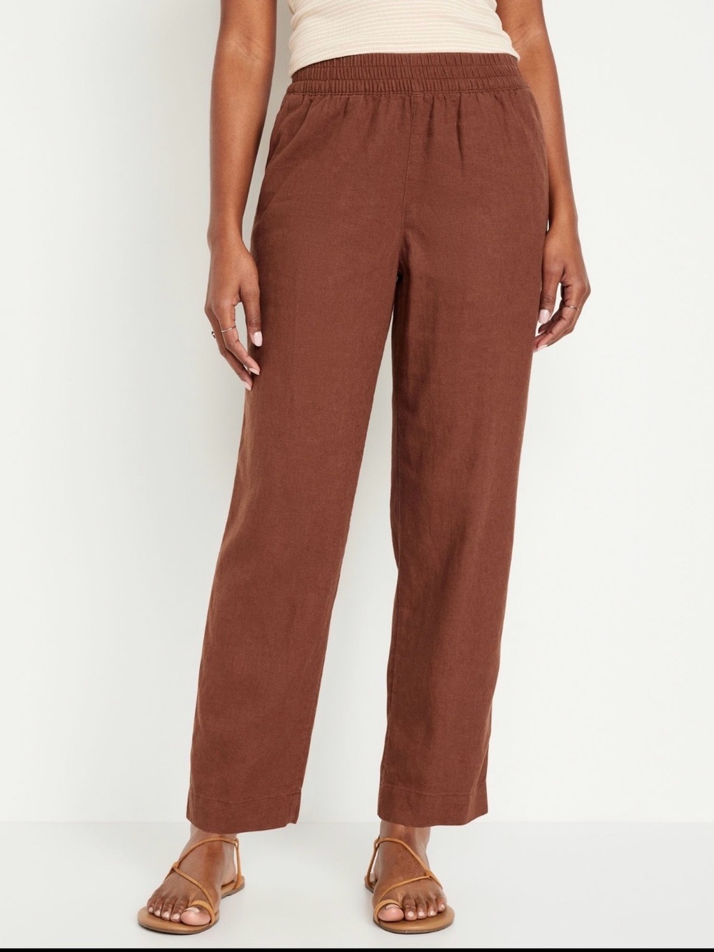 Rust Straight-Leg Linen Blend Elastic Waist Pants